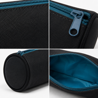 Étui à crayons cylindrique noir en toile avec fermeture éclair bleue et doublure turquoise pour l'école et le bureau