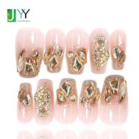 Uñas Acrílicas Hechas a Mano de Lujo con Purpurina Dorada 3D, Uñas Artificiales de Gel en Forma de Ataúd de Alta Calidad al por Mayor con Etiqueta Privada