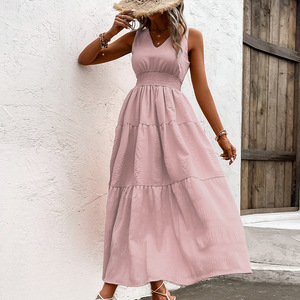 Popular europeo y americano 2024 nuevo verano de las mujeres con cuello en V elegante sólido sin mangas vestido grande Swing - Product Image 1