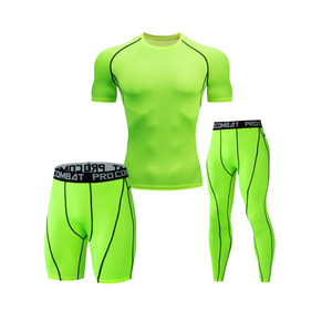 Conjunto Deportivo de 3 Piezas para Hombre, Color Verde Neón, Personalizado OEM - Camiseta de Manga Corta, Pantalones Cortos y Camiseta sin Mangas de Secado Rápido y Elásticos para Correr y Entrenar, Venta al Por Mayor - Product Image 1