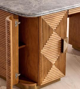 Custom Carved Wood Writing <b>Desk</b>, Natural Marble Top Office <b>Desk</b> with <b>Storage</b> Cabinet, Brass Base Luxury Home Office <b>Desk</b> - Product Image 6