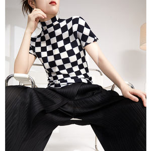 Camiseta Casual Plisada de Alta Elasticidad para Mujer, Verano 2025, Estampado a Cuadros, Cuello Alto, Manga Corta, Ecológica, Ajustada - Product Image 3