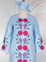 Robes africaines pour femmes H&D S11128, nouveau style, broderie bleue, robe longue en bazin, robe décontractée pour femme avec foulard