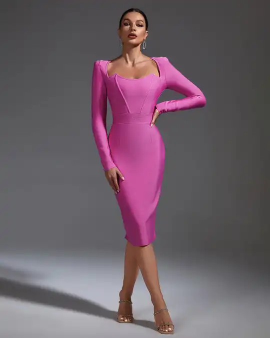 Ocstrade Fall 2023 Women Clothes Square Neck Bodycon Gowns Evening Dresses Formal Long Sleeve Pink Bandage Dresses For Women