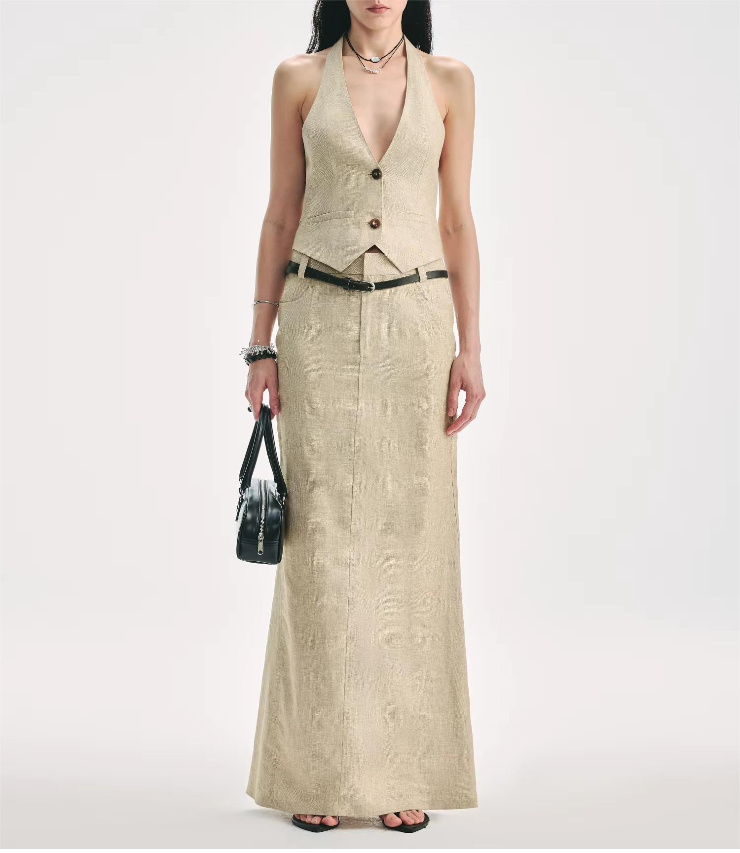 Women's Linen V-Neck Halter Vest Skirt Set Old Money Two-Piece Fish Tail  Skinny Fit Solid Skirt 2 Piece Set| Alibaba.com
