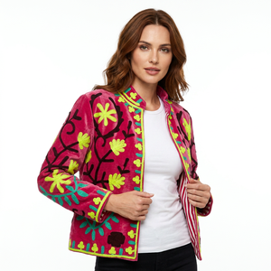 Veste d'hiver matelassée artisanale, rose vif, style velours, tissée 100% coton, écologique - Product Image 1