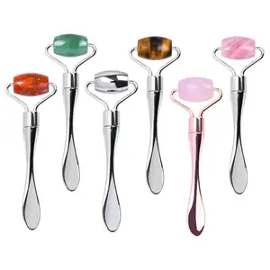 Zinc Alloy Cosmetic Spatula And Facial Mini Beauty Massage Roller Custom Logo Metal Eye Cream Spoon Rose Quartz Face Jade Roller