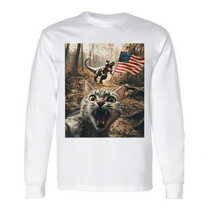 T-shirt à manches longues unisexe pour adulte, col ras du cou, impression numérique, motif chat en selfie avec dinosaure T Rex, drapeau américain patriotique - Product Image 2