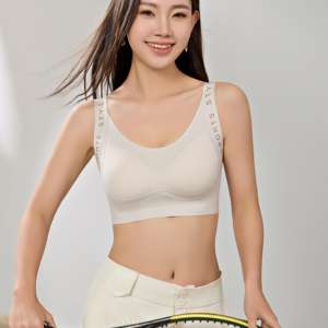 Sujetador deportivo sin costuras, sin aros, de una pieza, con tirantes anchos, copa completa, espalda en U delgada, push-up, transpirable, a prueba de golpes, con letras. - Product Image 1