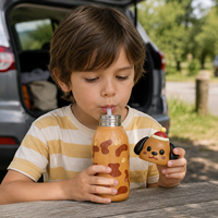 Botella Infantil de Acero Inoxidable 316 de 450 ml con Pajita, Tapa con Diseño de Animal 3D, Aislamiento de Doble Pared, Portátil, para la Escuela