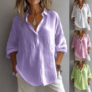 Chemise en lin à col rabattu, manches trois quarts, couleur unie, décontractée, style européen et américain, pour femmes, printemps/été - Product Image 1