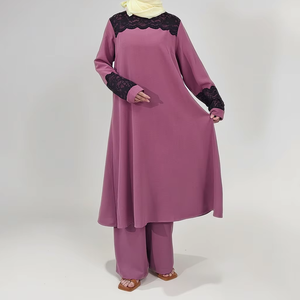 Moda musulmana árabe señora traje de dos piezas islámico elegante chica manga larga encaje Tops pantalones conjunto sólido Abaya mujeres <span class=keywords><strong>trajes</strong></span> musulmanes - Product Image 1