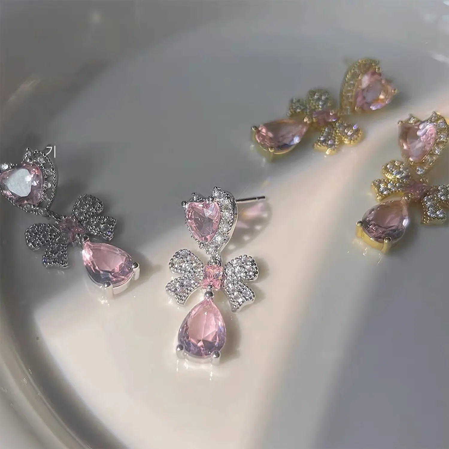 Fashion Cute Earring For Girls Trend 2023 Heart Pink Crystal Zircon Bow Tear Drop Earrings Women