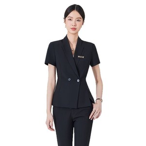 Pink Suit Set Women Short Sleeve Notched Collar Summer Office Lady Formal <b>Work</b> Uniform Anti-Wrinkle Worsted Fabric - Product Image 5