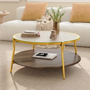 Tavolino da Caffè Moderno Rotondo in Noce a 2 Livelli con Piano in Vetro e Base Dorata per Soggiorno 29.9 - Product Image 3