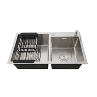 Évier de cuisine intelligent moderne noir multifonctionnel en acier inoxydable brossé fait main, double bac, sans robinet, à poser sur comptoir