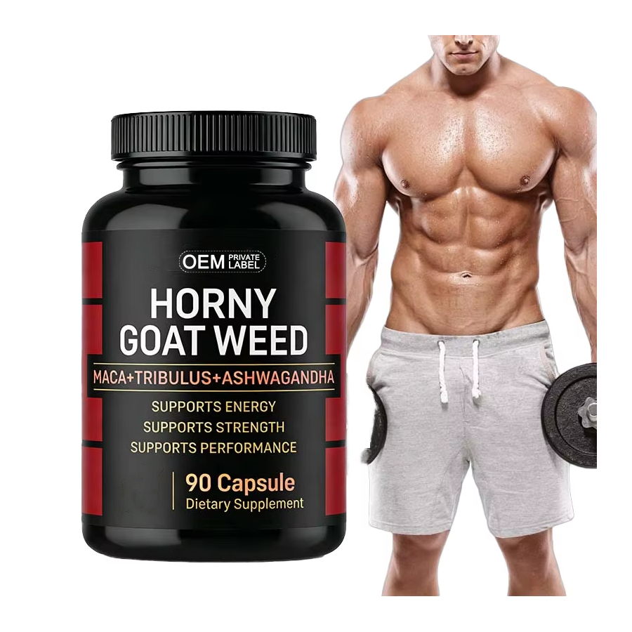 Horny Goat Weed Capsules 90ct, Customizable OEM, Maca Tribulus Ashwagandha, Energy & Performance Vegan Supplement