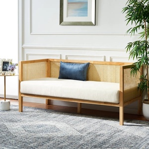 Sofá <span class=keywords><strong>Cama</strong></span> Ergonómico de 2 Plazas Tapizado en Lino con Ratán y Madera Maciza, con Almohada, Estilo Moderno Wabi-Sabi, Muebles para Espacios Pequeños - Product Image 2