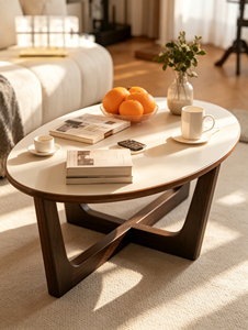 Mesa de Centro Ovalada de Madera de Nogal Macizo, Diseño Minimalista con Estructura Hueca Entrelazada, para Sala de Estar - Product Image 6