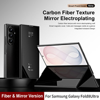 Funda de Cuero PU con Soporte Plegable y Ventana de Espejo para Samsung Z Fold8 Ultra Fold7 Fold6, Ranura Opcional para S Pen, Cubierta Antigolpes de Fibra de Carbono