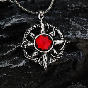 Vintage Stainless Steel <b>Cross</b> Pendant With Red Ruby Bezel Setting Men's Necklace Charm Themed Geometric Design Gift Jewelry - Product Image 3