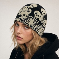 Bonnet en tricot jacquard motif crâne, sans revers, style gothique Y2K, avec logo personnalisé, vente en gros, usine OEM, emballage en vrac