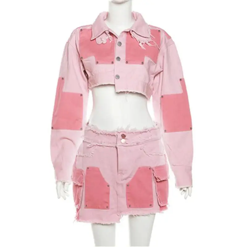 Hot Selling Fashion Lapel Jackets Raw Edge Mini Skirt Female Streetwear Suit Pink Patchwork Denim 2 Piece Set Women