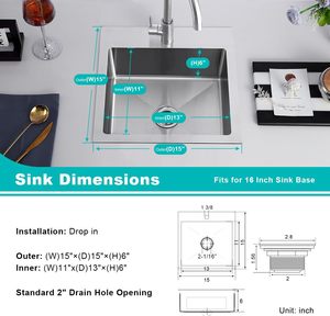 <span class=keywords><strong>Lavabo</strong></span> da <span class=keywords><strong>Bagno</strong></span> 15x15 Pollici con Foro di Scarico da 2 Pollici, in Acciaio Inox 304, Fatto a Mano, da Incasso, <span class=keywords><strong>per</strong></span> Bar, <span class=keywords><strong>Camper</strong></span>, Finitura Spazzolata, Facile da Pulire, Prodotto in Cina, Senza Marca - Product Image 3