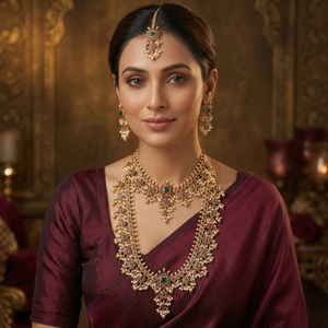 Conjunto de Collar, Pendientes y Anillo de Novia Largos, Estilo Templo del Sur de la India, Chapado en Oro de Alta Calidad, Perlas de Imitación, Estilo Vintage para Boda - Product Image 4