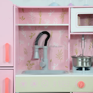 Grande cuisine de jeu en bois pour enfants avec réfrigérateur vintage, micro-ondes, cuisinière et évier, ensemble de cuisine d'imitation haut de gamme - Pastel - Product Image 4