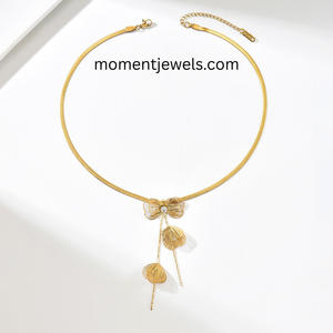 Colgante de hoja de ginkgo con borla dorada, cadena de serpiente de acero inoxidable, chapado en PVD, joyería elegante, regalo para mujer, para boda, uso diario. - Product Image 1