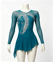 Robe de patinage artistique sur mesure, couleur turquoise, manches longues, avec strass, costume de scène pour filles et enfants