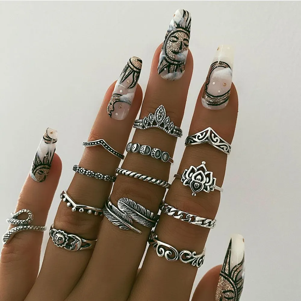 Conjunto de anillos Vintage Retro para mujer, conjunto de 14 piezas de anillo de serpiente de loto hueco, anillo de dedo de piedra negra, joyería 2022