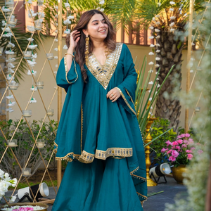 Teal Solid Silk Embroidered <b>Shawl</b> with Mirror Work Traditional Indian Pakistani Women's Wear Skin-Friendly Breathable - Product Image 2