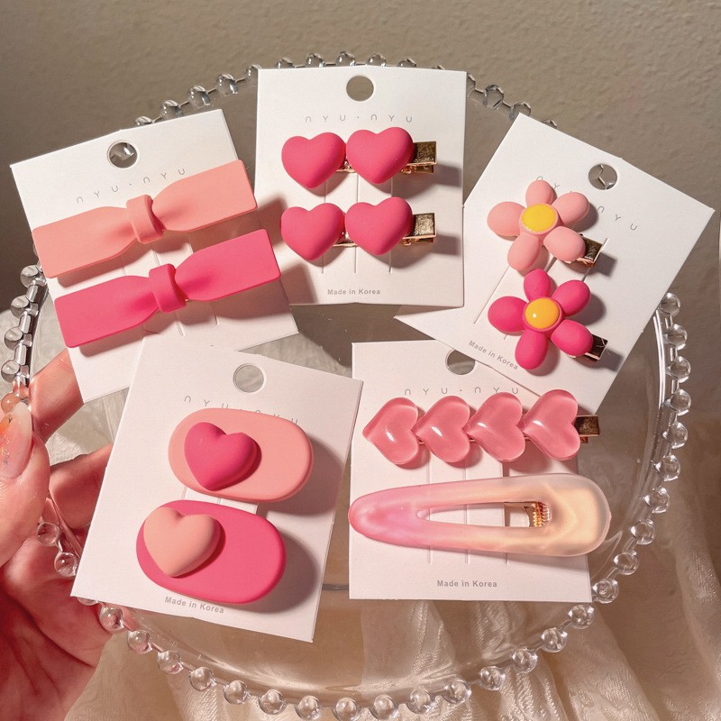 Jiamu Koreaanse Stijl Roze Hart Haar Clips Set Fabriek Prijs Hoge Kwaliteit Acryl Haarspeldjes Voor Vrouwen Meisjes Modieus