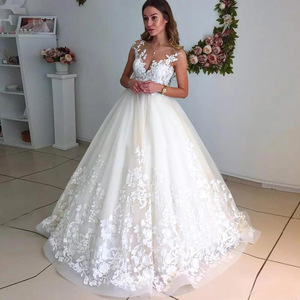 Bridal Wedding Dress Ball Gown White Sweetheart Neckline Floral Print Natural Waistline With Train For Petite Figures - Product Image 1