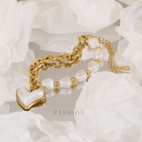 Bracelets à breloques en chaîne patchwork avec pendentif cœur perlé incurvé, en acier inoxydable, accessoires de mode pour filles, bijoux en gros TGSL5802