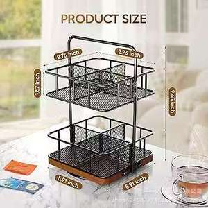 Desktop Wrought Iron Double Layer Storage Rack Tea Bag <b>Rotating</b> Organizer Wooden Base Office <b>Desk</b> Organizer Rectangle Standing - Product Image 4