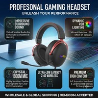 Headset Gaming Nirkabel OEM ODM dengan Peredam Kebisingan Aktif, Suara Surround 7.1, Desain Over-Ear Kulit dan Logam