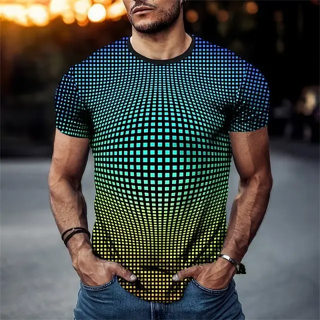 Camiseta para hombre, camiseta gráfica a cuadros con cuello redondo, ropa con estampado 3D para exteriores, diario, manga corta, estampado, diseñador de moda Vintage