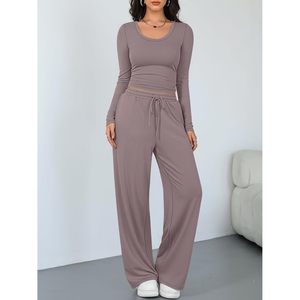 Women 2 Piece Matching Lounge Set Wide Leg Pants Full Sleeve Crop <b>Top</b> Breathable Knitted Cotton Spandex Daily Wear Outfit - Product Image 2