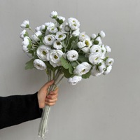 O-X1009 Grosir 7 Tangkai Bunga Ranunculus Sutra Camellia Putih Oranye Mawar Kecil Buatan untuk Dekorasi Rumah dan Pernikahan