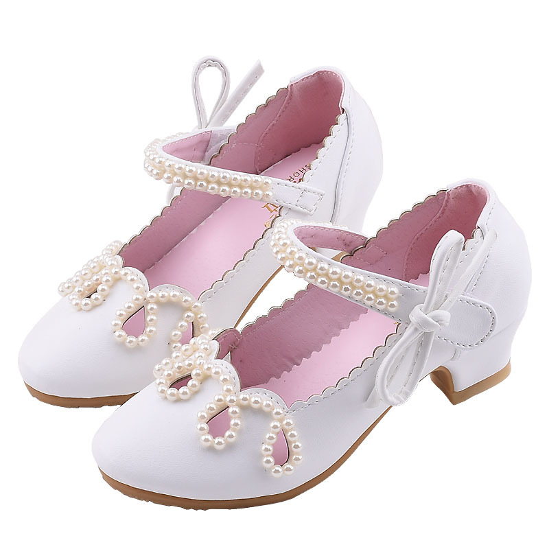 Girls high-heeled white leather performance shoes