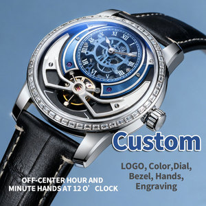 Montres mécaniques automatiques à balancier décentré, cadran bleu, lunette en cristal, acier inoxydable, logo personnalisé, OEM ODM pour hommes - Product Image 1
