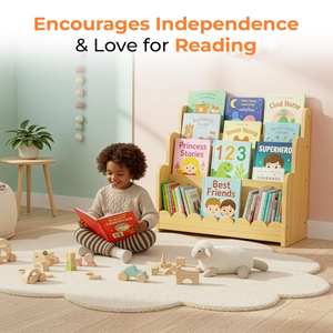 ชั้นวางหนังสือเด็ก 3 ชั้น ทำจากไม้ แบบ Montessori รูปทรงโค้งมน ชั้นวางหนังสือสำหรับเด็กเล็ก วางหน้าต่อหน้า ชั้นวางโชว์หนังสือสำหรับห้องเด็ก ห้องเล่น - Product Image 3