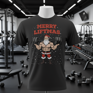 T-shirt de Noël Merry Liftmas pour la musculation, avec un Père Noël musclé - Product Image 3