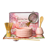 Ensemble de matcha en céramique de style japonais en terre cuite, 7 pièces, design chrysanthème, bec verseur, boîte cadeau, fouet à thé, qualité supérieure - 50-60