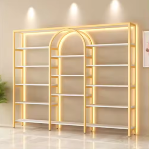 Estante de Exhibición para Salón de Belleza y Barbería, Precio al por Mayor, Mueble de Almacenamiento de Hierro y Madera con Luces LED - Product Image 1