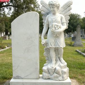 YOUFINE Pierre tombale en <span class=keywords><strong>marbre</strong></span> blanc sculptée à la main, représentant un ange pleureur agenouillé pour cimetière - Product Image 4