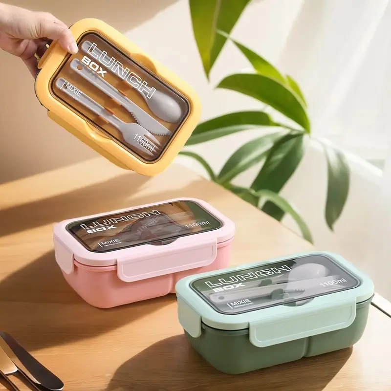 1100 ml 1 Schichten tragbare Mikrowellenfeste Kunststoff-Schüler-Kind-Lunchbox mit Gabellöffel